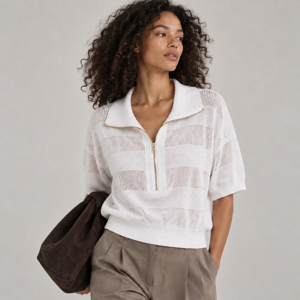 Anthropologie Varley Kembria Half-Zip Knit Top Womens S White Short Sleeve Polo